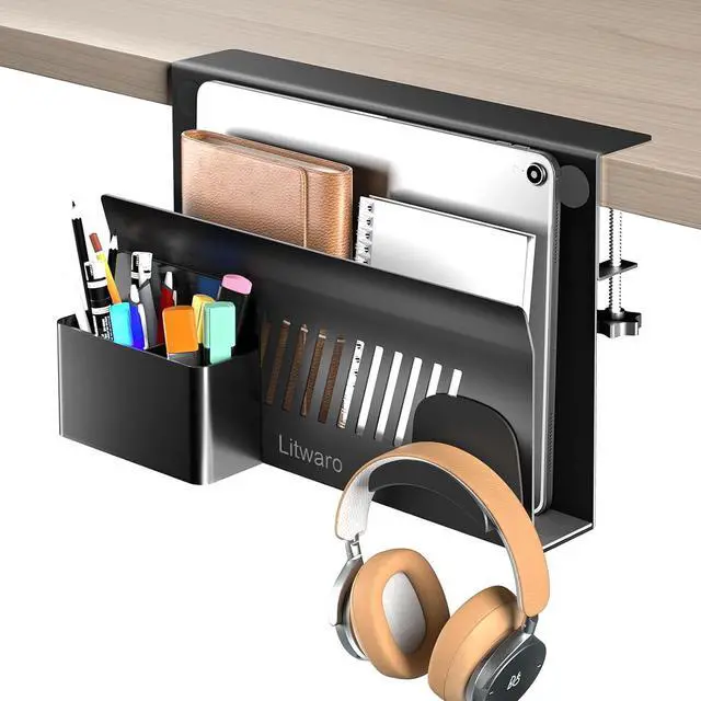 Main image of Litwaro Desk Side Storage, No Drill Laptop Holder with Magnetic Pen Holder, Under Desk Laptop Mount with Sticky Headphone Holder, Hanging Desks Organizer Fits Flat Edges 0.4" to 2" (Black)