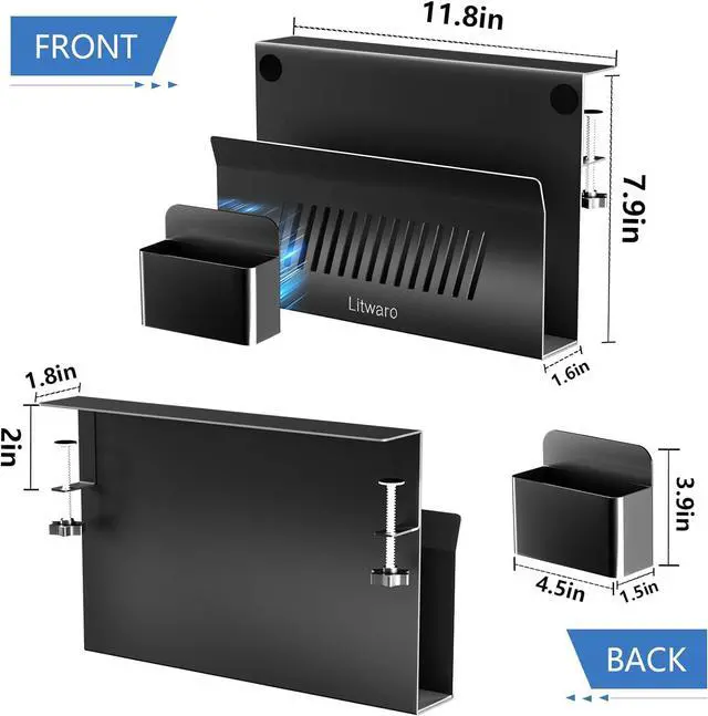 Alt view image 2 of 7 - Litwaro Desk Side Storage, No Drill Laptop Holder with Magnetic Pen Holder, Under Desk Laptop Mount with Sticky Headphone Holder, Hanging Desks Organizer Fits Flat Edges 0.4" to 2" (Black)