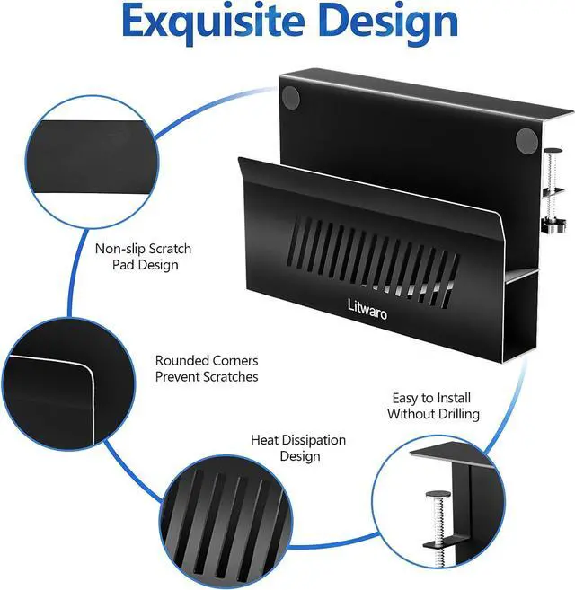Alt view image 4 of 7 - Litwaro Desk Side Storage, No Drill Laptop Holder with Magnetic Pen Holder, Under Desk Laptop Mount with Sticky Headphone Holder, Hanging Desks Organizer Fits Flat Edges 0.4" to 2" (Black)