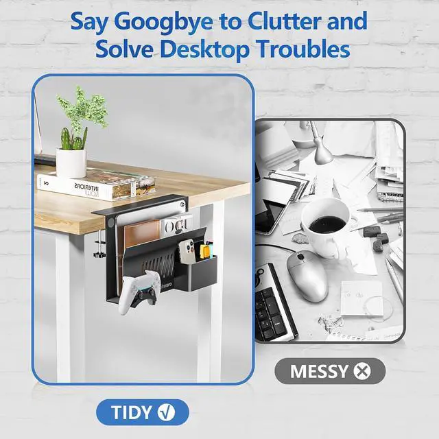 Alt view image 5 of 7 - Litwaro Desk Side Storage, No Drill Laptop Holder with Magnetic Pen Holder, Under Desk Laptop Mount with Sticky Headphone Holder, Hanging Desks Organizer Fits Flat Edges 0.4" to 2" (Black)