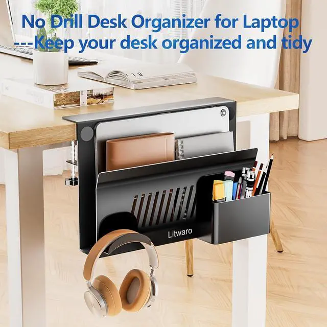 Alt view image 6 of 7 - Litwaro Desk Side Storage, No Drill Laptop Holder with Magnetic Pen Holder, Under Desk Laptop Mount with Sticky Headphone Holder, Hanging Desks Organizer Fits Flat Edges 0.4" to 2" (Black)