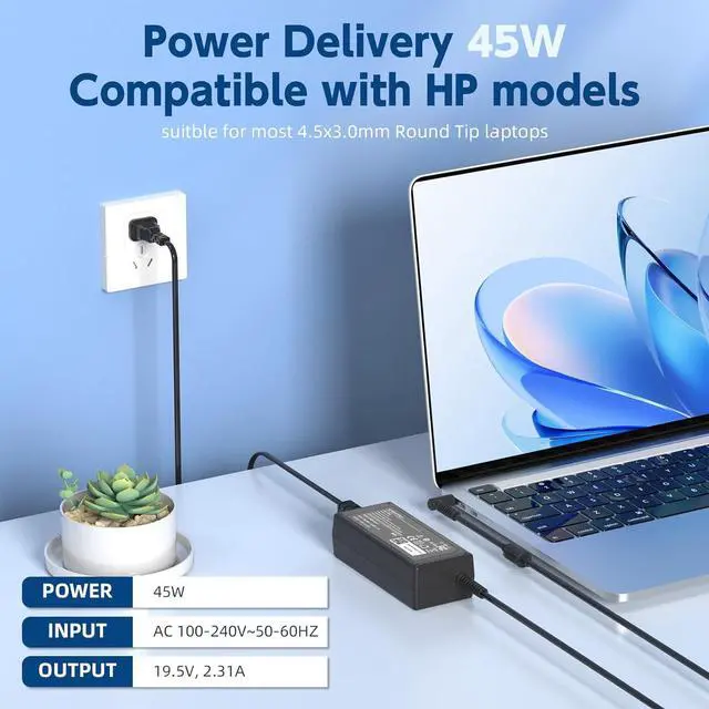 Alt view image 2 of 7 - 45W Charger for HP Laptop Computer - Fit for HP Pavilion, Stream, ProBook, EliteBook, Spectre, Notebook Series AC Adapter Power Cord (4.5mm x 3.0mm Smart Blue Tip)