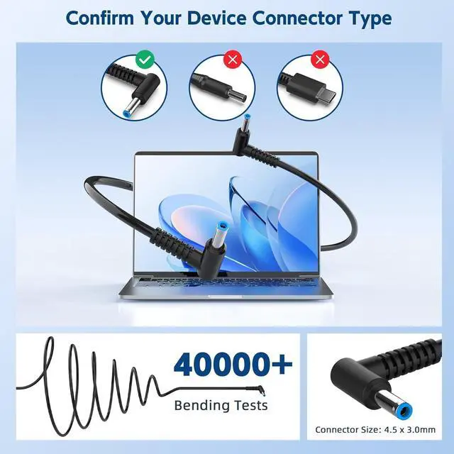 Alt view image 3 of 7 - 45W Charger for HP Laptop Computer - Fit for HP Pavilion, Stream, ProBook, EliteBook, Spectre, Notebook Series AC Adapter Power Cord (4.5mm x 3.0mm Smart Blue Tip)