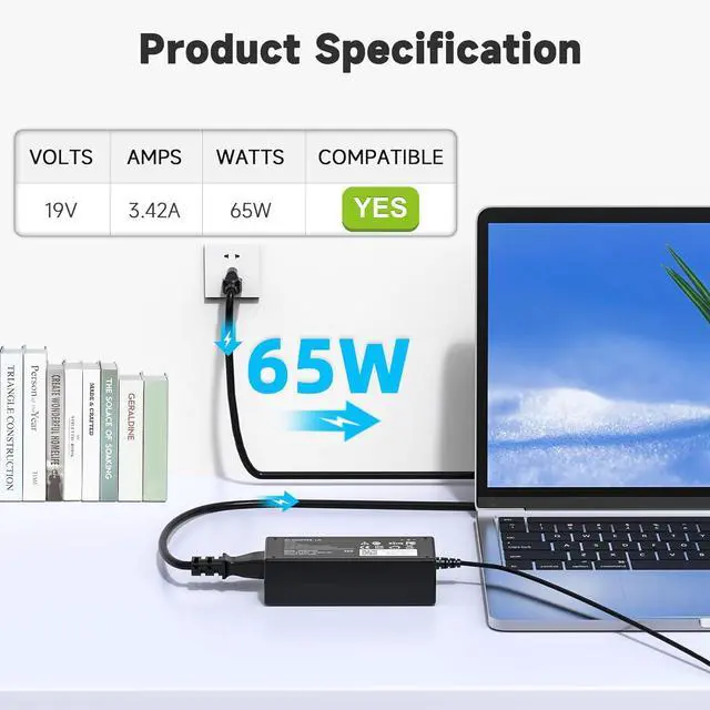 Alt view image 2 of 7 - 65W Laptop Charger for Acer ChromeBook 11 13 14 15 R11 N15Q8 N15Q9 N15Q10 CB3 CB5 C720 C720P C731 C738T C740 C810 C730E CB5-571 ADP-45FE F AC Adapter 19V 3.42A
