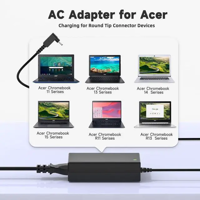 Alt view image 3 of 7 - 65W Laptop Charger for Acer ChromeBook 11 13 14 15 R11 N15Q8 N15Q9 N15Q10 CB3 CB5 C720 C720P C731 C738T C740 C810 C730E CB5-571 ADP-45FE F AC Adapter 19V 3.42A