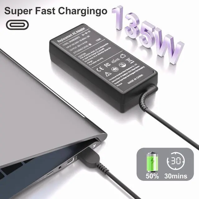 Alt view image 5 of 7 - 135W AC Charger Fit for Lenovo Ideapad Gaming 3 Series 3-15 Yoga Slim 7 9 IdeaPad Y50-70 Y40-70 Y700 ThinkPad T440p T540p T570 W540 Legion Y50 Y520 Y530 135 Watt Laptop Power Supply Adapter Cord