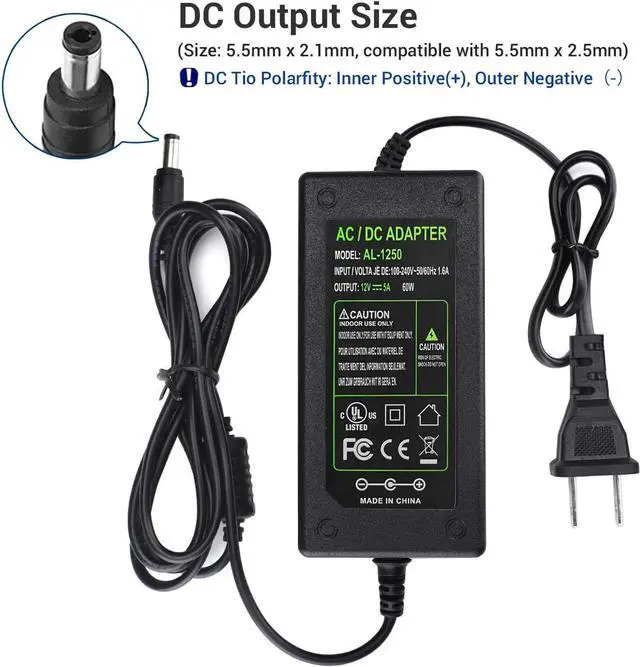 Alt view image 6 of 7 - DC 12V 5A Power Supply Adapter US Plug 4.6FT Power Cord AC 100-240V to DC 12V 5A Switching Transformer Jack 5.5mm x 2.5mm for LED Strip Light Cameras CCTV