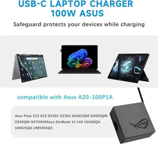 Alt view image 4 of 7 - 100W Laptop USB Type C Charger for ASUS ZenBook 14 14X UX425QA UM425QA Rog Flow Z13 X13 GV301 GZ301 GA401QM,20V/5A AC Adapter for Asus ZenBook Chromebook Laptop Charger A20-100P1A