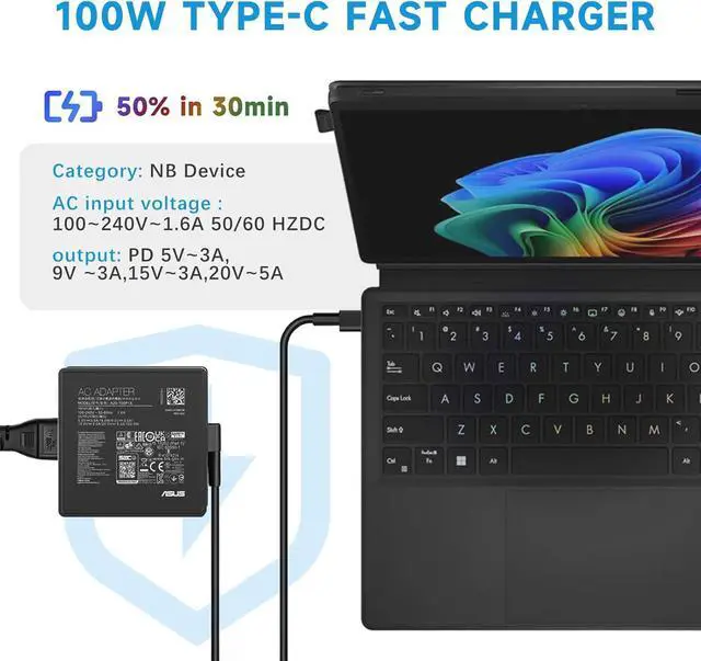 Alt view image 5 of 7 - 100W Laptop USB Type C Charger for ASUS ZenBook 14 14X UX425QA UM425QA Rog Flow Z13 X13 GV301 GZ301 GA401QM,20V/5A AC Adapter for Asus ZenBook Chromebook Laptop Charger A20-100P1A