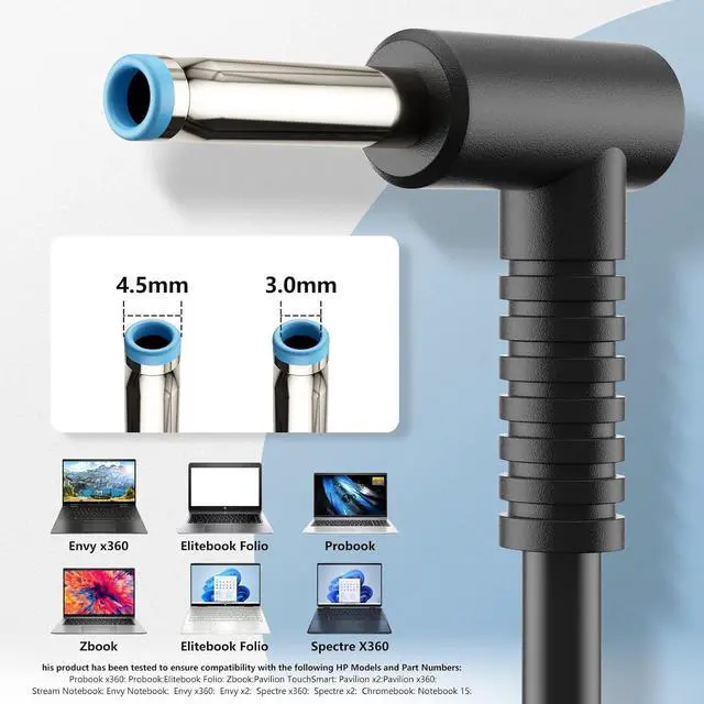 Alt view image 3 of 7 - 65W AC Power Charger, Compatible with HP Probook and Pavilion Laptops, Fast Charging, 19.5V 3.33A, 4.5*3.0mm Blue Connector, Charging Adapter Cord
