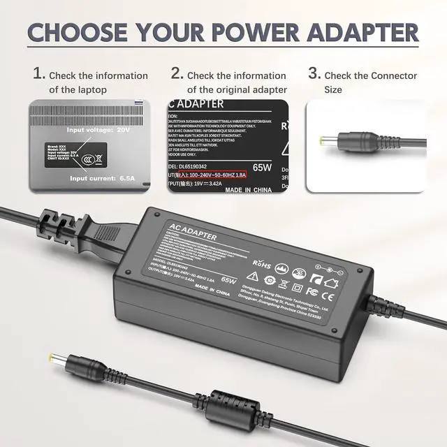 Alt view image 3 of 7 - 65W Charger for Acer Aspire 5 3 Series; Aspire A515-43, A515-51, A514-52, A515-54, A315-41, A315-53, A114-32, A315-51, A315-32, A115-31, A115-32, A114-32, A315-21, A315-31 Laptop Power Adapter