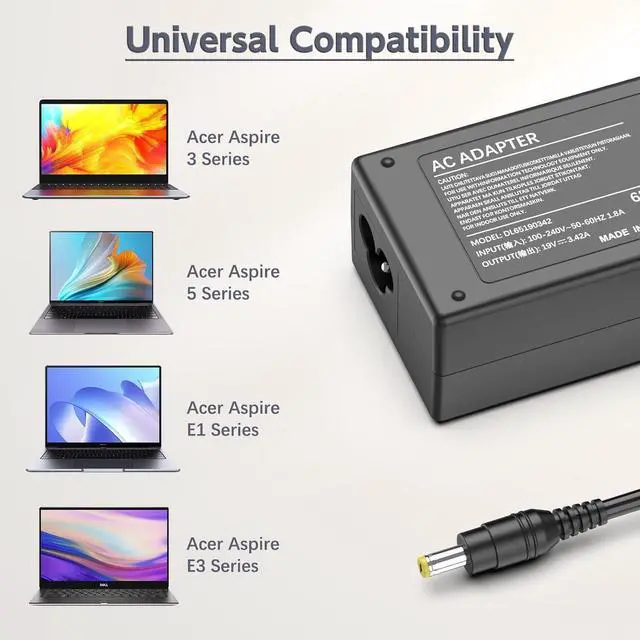Alt view image 4 of 7 - 65W Charger for Acer Aspire 5 3 Series; Aspire A515-43, A515-51, A514-52, A515-54, A315-41, A315-53, A114-32, A315-51, A315-32, A115-31, A115-32, A114-32, A315-21, A315-31 Laptop Power Adapter