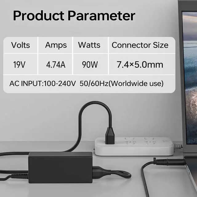 Alt view image 4 of 7 - 90W 19V 4.74A AC Charger Compatible with HP 22-c0073w 22-df0003w 22-df0013w All-in-One Desktop 608428-001 609940-001 Laptop Power Supply Adapter
