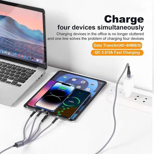 Alt view image 2 of 7 - Multi USB C Cable Fast Charging [4FT/2 Pack] QC 3.0(3A) USB C Splitter Cable 4 in 1 Charger Cord with 4 Type C Ports for iPhone 16/15 Series iPad Air/Pro  Galaxy S25 S24 Pixel PS5