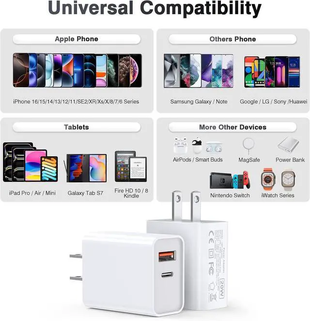 Alt view image 3 of 6 - USB C Wall Charger Block 20W 2-Pack Dual Port PD Power Delivery Fast Type C Charging Block Plug Compatible with iPhone 11/12/13/14/15/16/Pro Max XS/XR/X Ipad Pro  Galaxy