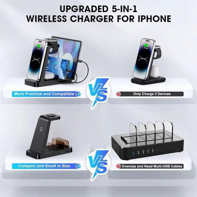 Alt view image 2 of 6 - Wireless Charger for iPhone - 5 in 1 Charging Station for Multiple Devices : Fast Wireless Charging Stand Dock for iPhone 16e 16 15 14 13 12 Pro Max  Watch Airpods