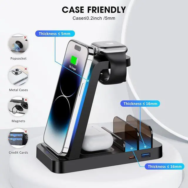 Alt view image 6 of 6 - Wireless Charger for iPhone - 5 in 1 Charging Station for Multiple Devices : Fast Wireless Charging Stand Dock for iPhone 16e 16 15 14 13 12 Pro Max  Watch Airpods