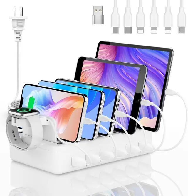 Main image of Charging Station for Multiple Devices, 6 Port 50W Fast Multi Charger Station Charging Dock with 6 Mixed Charging Cables for iPhone, iPad, Kindle, Tablet, Cellphone and Others