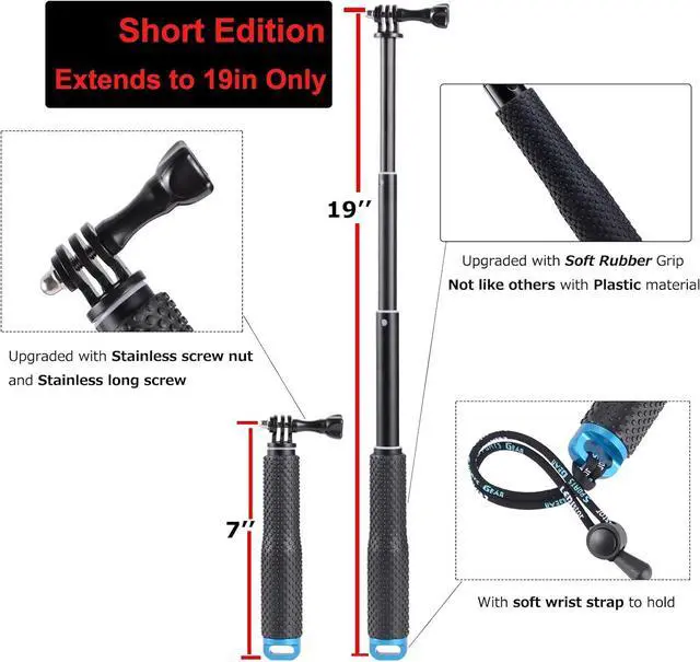 Alt view image 2 of 7 - 19 Short Extension Selfie Stick Compact Handle Grip Adjustable Waterproof Monopod Pole Compatible with GoPro Hero 13 12 11 10 9 8 7 6 5 AKASO DJI Osmo Action Camera(Mini Size)