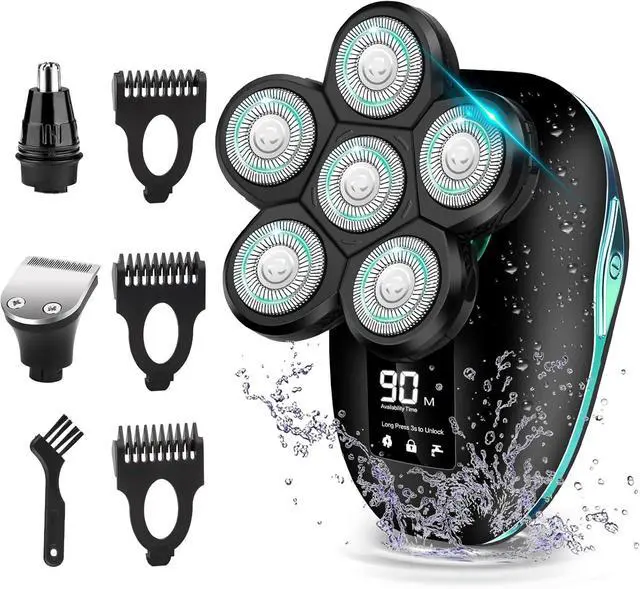 Main image of Head Shaver, Upgrade 6 in 1 Electric Head Shaver for Bald Men, IPX7 Waterproof Cordless Rotary Razor with LED Display, Face Head Shaver with Nose Hair Sideburns Trimmer