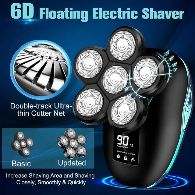 Alt view image 4 of 6 - Head Shaver, Upgrade 6 in 1 Electric Head Shaver for Bald Men, IPX7 Waterproof Cordless Rotary Razor with LED Display, Face Head Shaver with Nose Hair Sideburns Trimmer