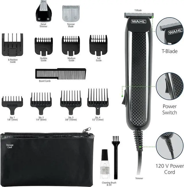 Alt view image 2 of 7 - Wahl PowerPro Corded Detailer Trimmer Kit for Mens Grooming  for Beard, Mustache, Stubble, Ear, Nose, & Body Grooming  Model 9686