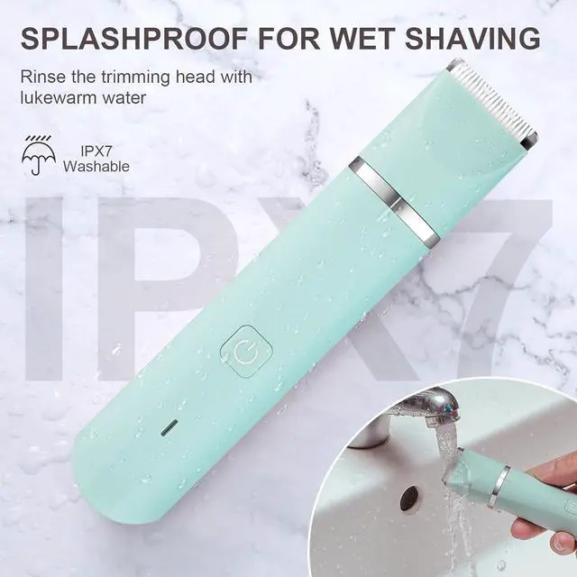 Alt view image 5 of 7 - Bikini Trimmer for Women, Electric Razors for Women, IPX7 Waterproof&Easy Cleaning, Ceramic Blade,Rechargeable Pubic Hair Trimmer Womens,Green