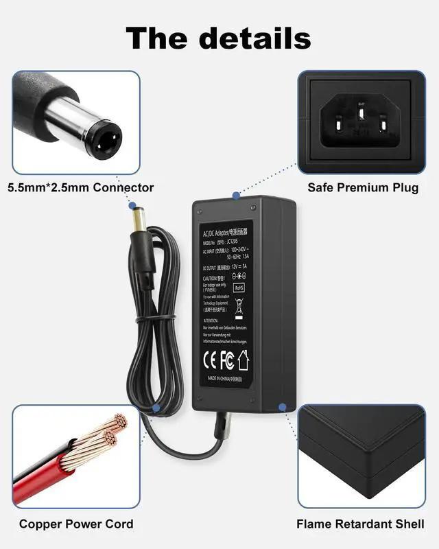 Alt view image 4 of 7 - 12V 5A Power Supply Adapter 60W AC Adapter 100-240V 50-60Hz to DC 12 Volt 5 Amp Cord with 5.5mm x 2.5mm Barrel Plug 12VDC AC/DC Switching Transformer Converter