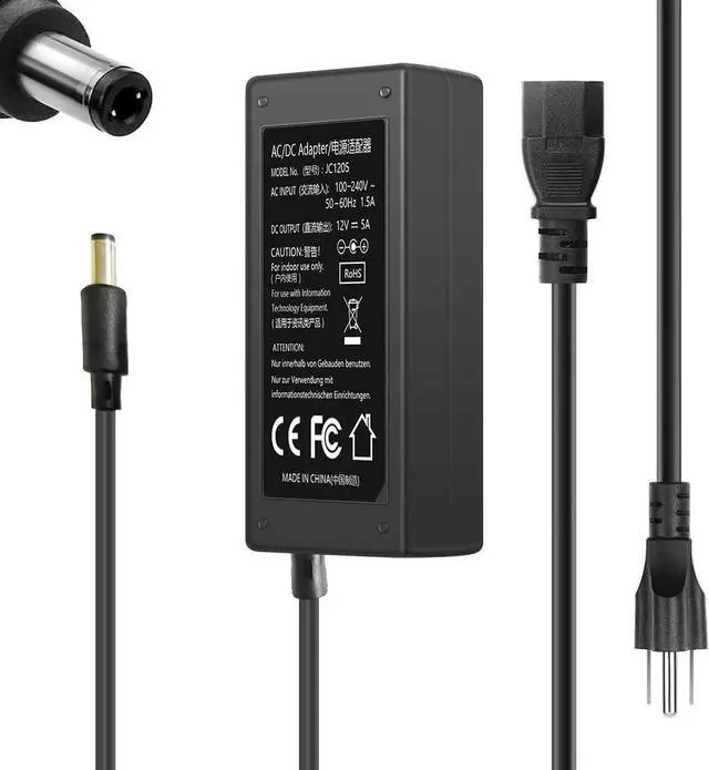 Main image of 12 Volt 5 Amp Power Supply Adapter 60W AC Adapter, 100-240V 50-60Hz AC to DC Converter 12V 5A DC Power Supply