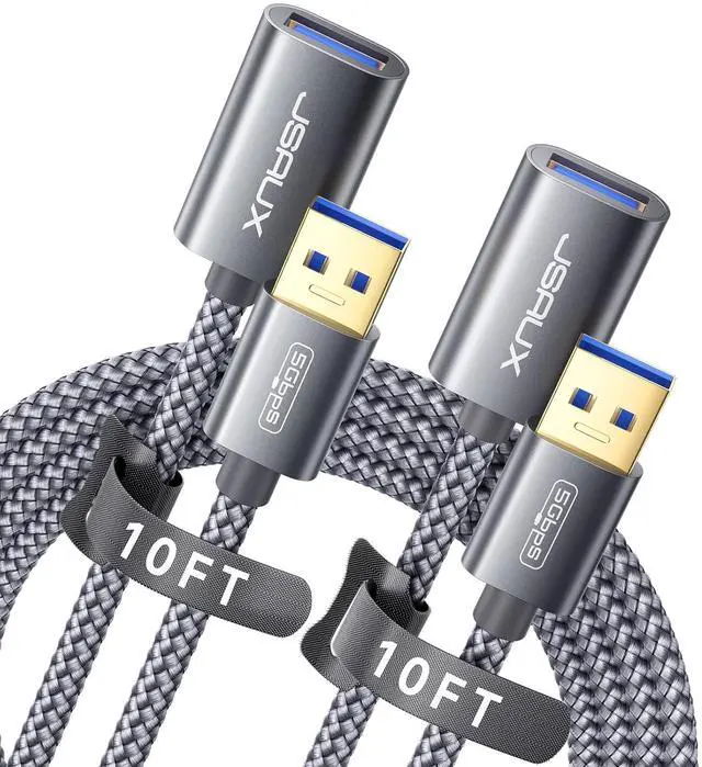 Main image of 2Pack 10FT+10FT USB 3.0 Extension Cable Type A Male to Female USB Extender Cord Nylon Braided Compatible with Webcam Camera Phone USB hub Mouse Keyboard Printer Hard Drive Xbox-Grey