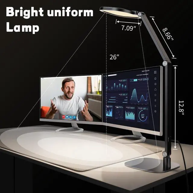 Alt view image 6 of 7 - LED Desk Lamp for Home Office, Light Video Call, 3 Color Temperature 10 Brightness Computer Light, Dimmable Led with Memory & Timer Func, Metal Swing Arm Table by DT