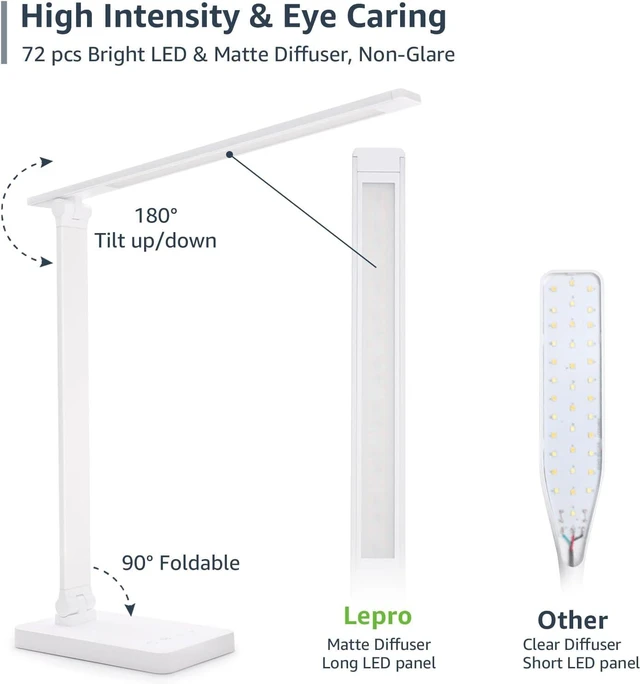 Alt view image 6 of 7 - Lepro LED Desk Lamp 9.5W 800lm, Metal Desk Light for Home Office, White