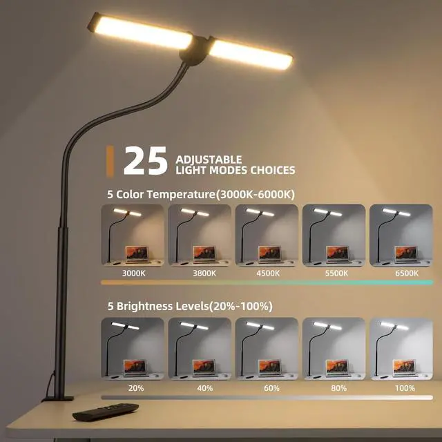 Alt view image 3 of 6 - Motumen Led Desk Lamp for Home Office, Eye-Care Architect Light with Clamp, Smart Double Head Computer Monitor Table Clip Lamp, Adjustable Flexible Goose-Neck, 25 Lighting Models, Task Lamp, Black