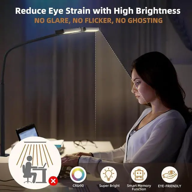 Alt view image 4 of 6 - Motumen Led Desk Lamp for Home Office, Eye-Care Architect Light with Clamp, Smart Double Head Computer Monitor Table Clip Lamp, Adjustable Flexible Goose-Neck, 25 Lighting Models, Task Lamp, Black