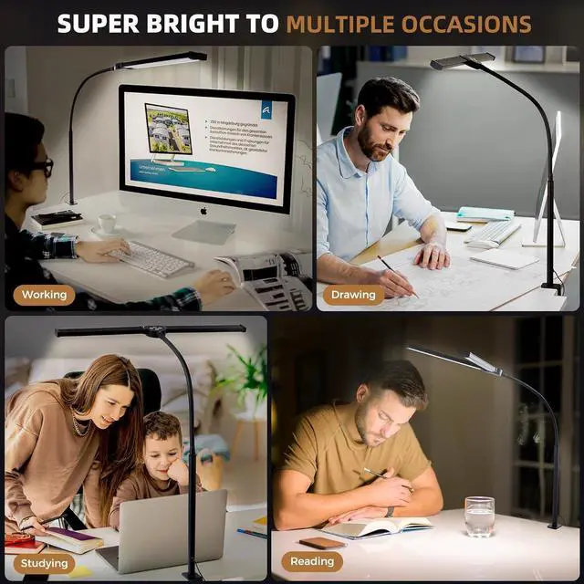 Alt view image 6 of 6 - Motumen Led Desk Lamp for Home Office, Eye-Care Architect Light with Clamp, Smart Double Head Computer Monitor Table Clip Lamp, Adjustable Flexible Goose-Neck, 25 Lighting Models, Task Lamp, Black
