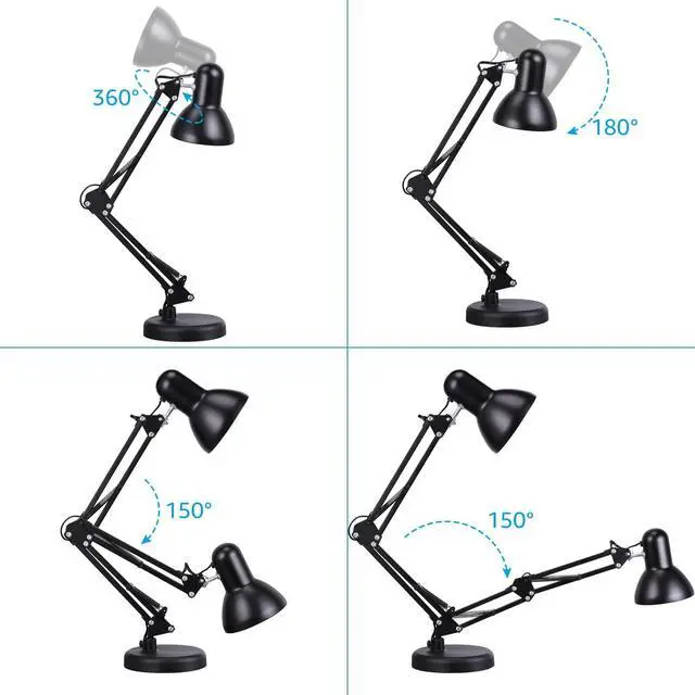 Alt view image 5 of 7 - TORCHSTAR Metal Desk Lamp, Adjustable Swing Arm, E26, Black | Architect Gooseneck Multi-Joint Clip Table Lamp with Plastic Clamp, for Home Office, Work, Study, Reading, Bulbs not Included