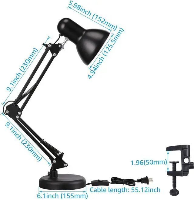 Alt view image 6 of 7 - TORCHSTAR Metal Desk Lamp, Adjustable Swing Arm, E26, Black | Architect Gooseneck Multi-Joint Clip Table Lamp with Plastic Clamp, for Home Office, Work, Study, Reading, Bulbs not Included