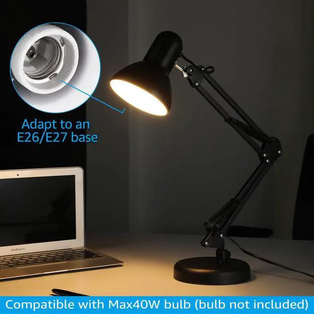 Alt view image 7 of 7 - TORCHSTAR Metal Desk Lamp, Adjustable Swing Arm, E26, Black | Architect Gooseneck Multi-Joint Clip Table Lamp with Plastic Clamp, for Home Office, Work, Study, Reading, Bulbs not Included