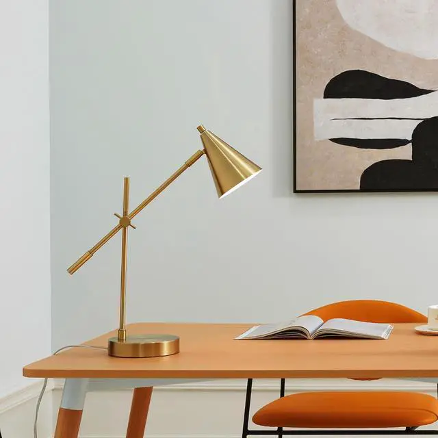 Alt view image 2 of 7 - Electric x Novogratz 52887 18" Desk Lamp, Matte Brass Finish, Adjustable Height, Balance Arm, Rotary Switch on Shade, Modern Lighting for Bedroom or Office, E26 Base 50W Bulb by DT