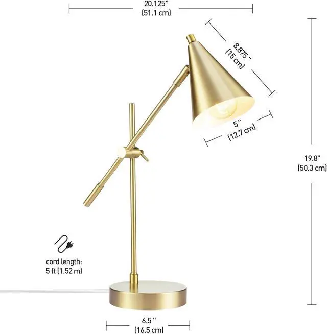 Alt view image 6 of 7 - Electric x Novogratz 52887 18" Desk Lamp, Matte Brass Finish, Adjustable Height, Balance Arm, Rotary Switch on Shade, Modern Lighting for Bedroom or Office, E26 Base 50W Bulb by DT