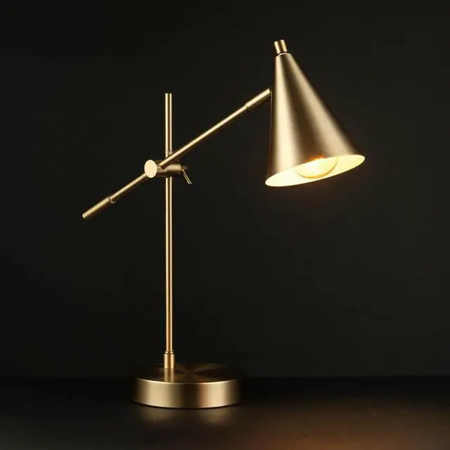 Alt view image 3 of 7 - Electric x Novogratz 52887 18" Desk Lamp, Matte Brass Finish, Adjustable Height, Balance Arm, Rotary Switch on Shade, Modern Lighting for Bedroom or Office, E26 Base 50W Bulb by DT
