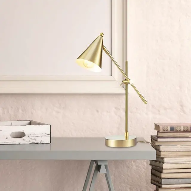 Alt view image 4 of 7 - Electric x Novogratz 52887 18" Desk Lamp, Matte Brass Finish, Adjustable Height, Balance Arm, Rotary Switch on Shade, Modern Lighting for Bedroom or Office, E26 Base 50W Bulb by DT