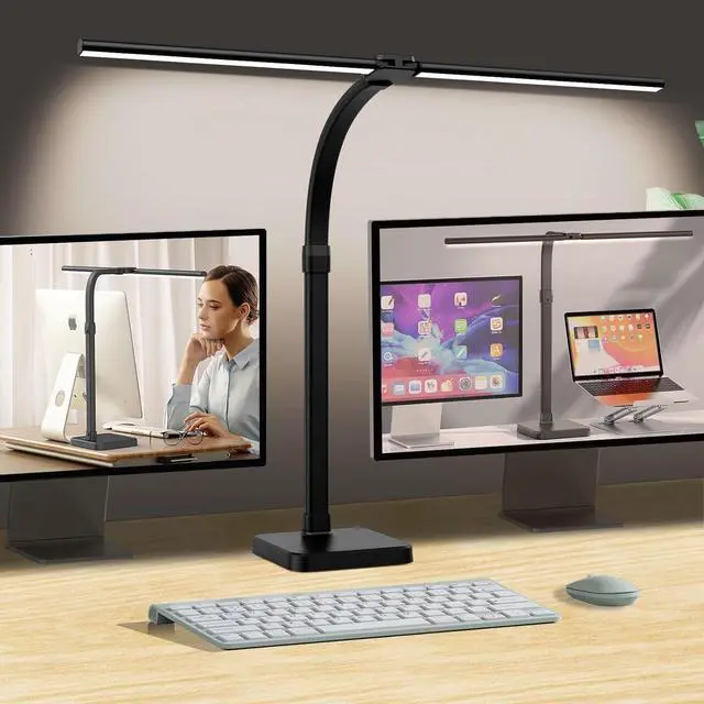 Main image of AKRRYR LED Desk Lamp for Home Office, Double Head 24W with Base, Architect Light 5 Lighting Brightness Flexible Gooseneck Table Reading Study, Black
