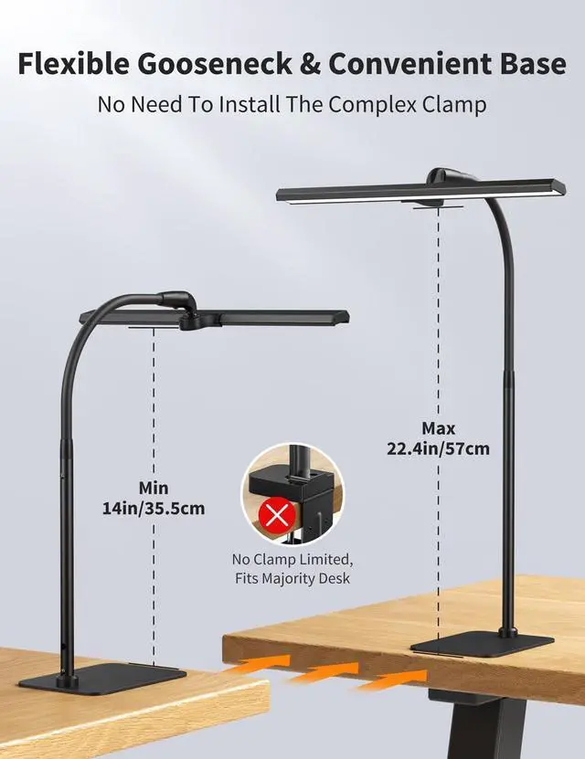 Alt view image 5 of 7 - Kary LED Desk Lamps for Home Office, Tall Desk Light with Base, Flexible Gooseneck Adjustable 5-Level Dimmable Brightness & Color, Height Architect Lamp for Working, Reading, Crafting, Study