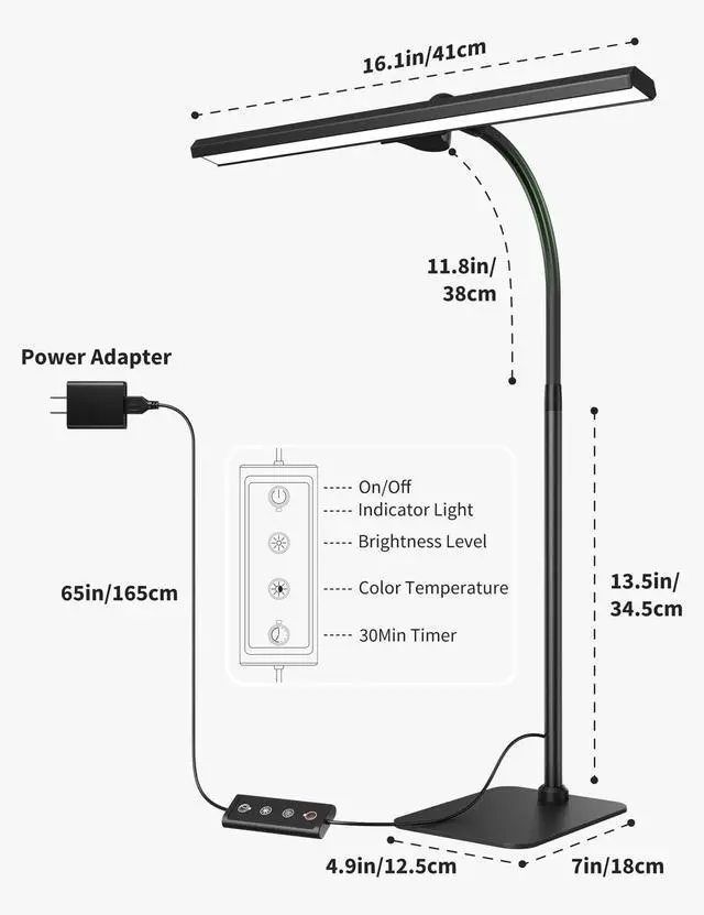 Alt view image 7 of 7 - Kary LED Desk Lamps for Home Office, Tall Desk Light with Base, Flexible Gooseneck Adjustable 5-Level Dimmable Brightness & Color, Height Architect Lamp for Working, Reading, Crafting, Study