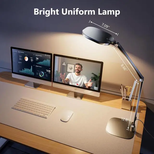 Alt view image 7 of 7 - LED Desk Lamp for Home Office, 15W Computer Zoom Lighting with Swing Arm, Memory & Timer Function, Dimmable Desktop Ring Light for Video Calls, Conference, Reading, Streaming, Podcasting