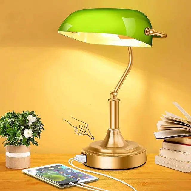 Main image of Bankers Lamp with 2 USB Ports, Touch Control Green Glass Desk Lamp with Brass Base, 3-Way Dimmable Vintage Desk Lamp for Home Office Workplace Nightstand Bedroom Library Piano, LED Bulb Included