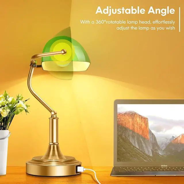 Alt view image 2 of 7 - Bankers Lamp with 2 USB Ports, Touch Control Green Glass Desk Lamp with Brass Base, 3-Way Dimmable Vintage Desk Lamp for Home Office Workplace Nightstand Bedroom Library Piano, LED Bulb Included