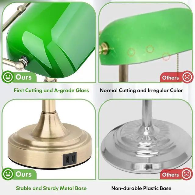 Alt view image 6 of 7 - Bankers Lamp with 2 USB Ports, Touch Control Green Glass Desk Lamp with Brass Base, 3-Way Dimmable Vintage Desk Lamp for Home Office Workplace Nightstand Bedroom Library Piano, LED Bulb Included