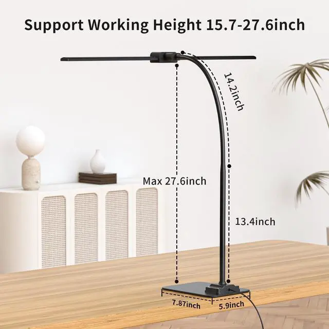 Alt view image 6 of 7 - KableRika Desk Lamp Double Light: Bright Led Desk Lights for Home Office - Eye Care Reading Table Lamps with Base - Dimmable Desktop Lighting for Computer Monitor Study Drafting